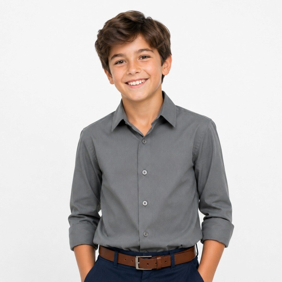 Boy in an Isaac Mizrahi grey dress shirt