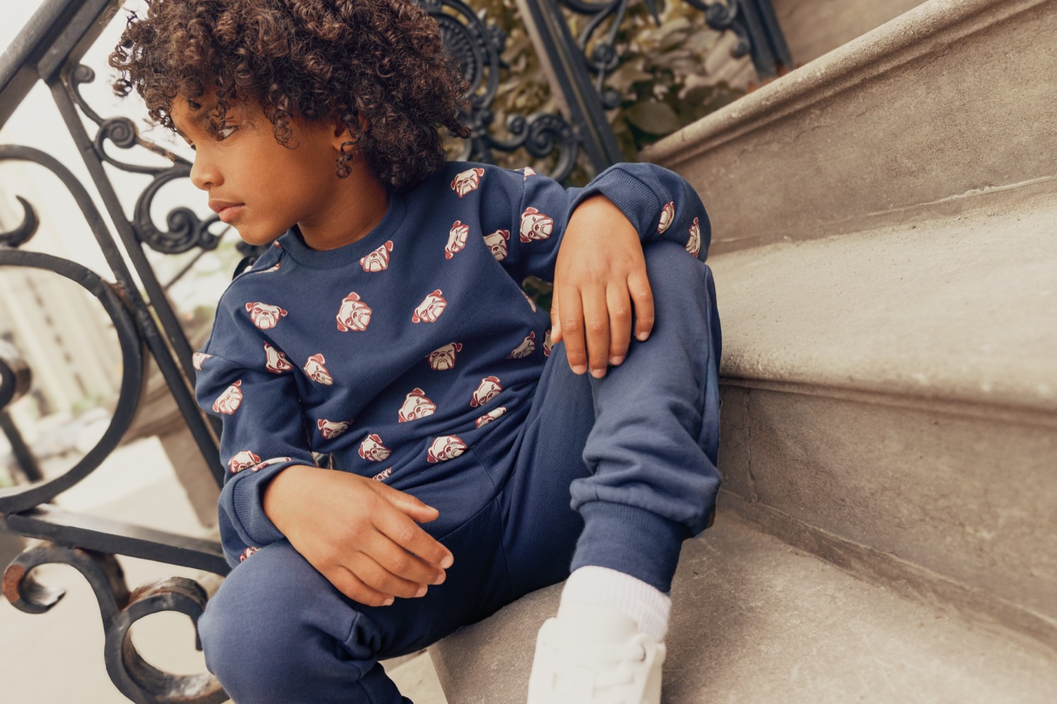 Boy in a Miles The Label navy bear-print sweatshirt and matching joggers