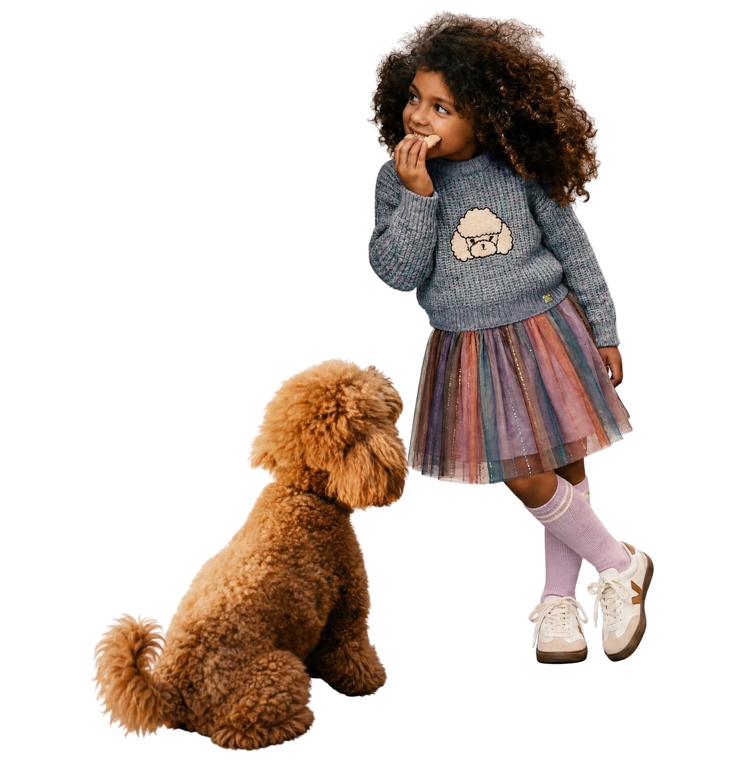 Young girl in a poodle-motif knit sweater and rainbow tulle skirt, standing with a toy poodle